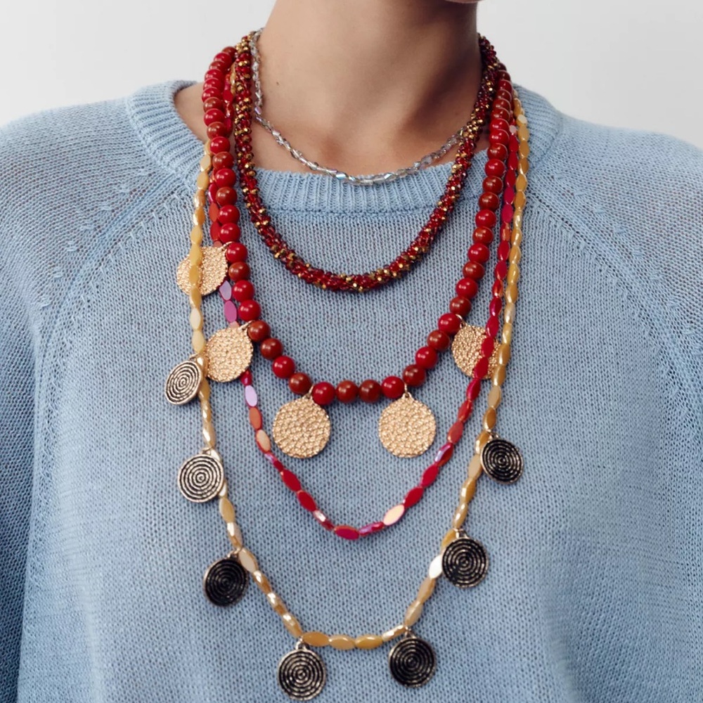 ZARA 5 Packs BEADED NECKLES Multi-Strand Gold and Red Accents  bloggers favorite